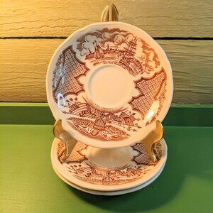 3 English Ironstone Brown & White Transfer Ware Saucers "Fair Winds"